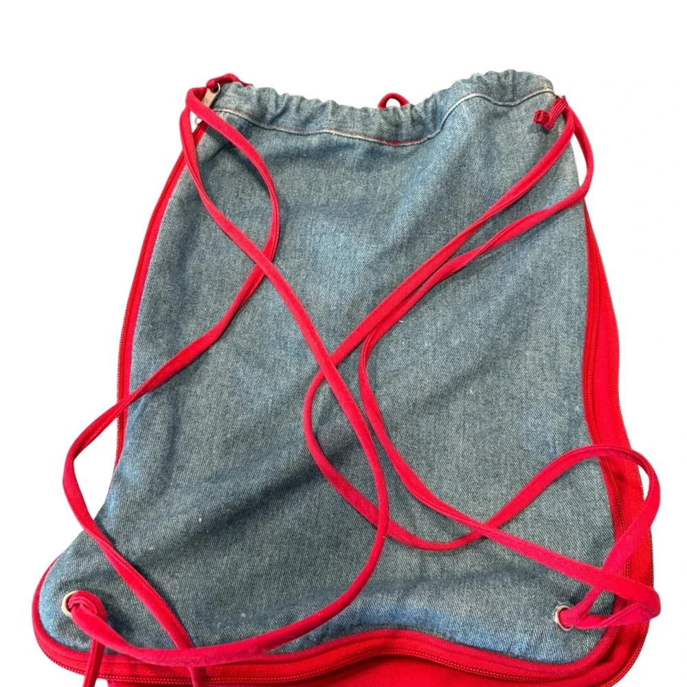Aloha Hawaii Print Drawstring Backpack Denim Red Trim Summer Beach Bag